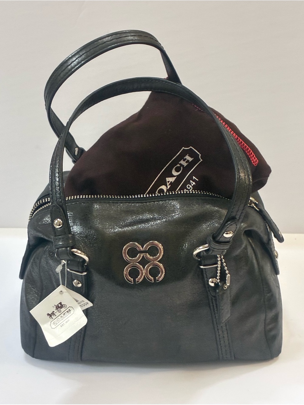 Coach Julia Small Black Metallic Leather Shimmering Satchel Bag + Dust Bag NWT